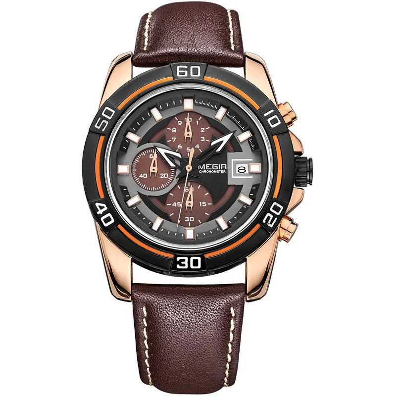 Megir New Chronograph Date Men Watch Genuine Leather Quartz Sport Watch Luxury Military Watch Men Wristwatch