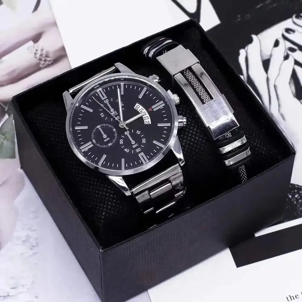 Men Watch Gift Set With Bracelet Fashion Men's Quartz Watches Man Calendar Wristwatch Bracelet 2Pcs Best Gifts for Male With Box