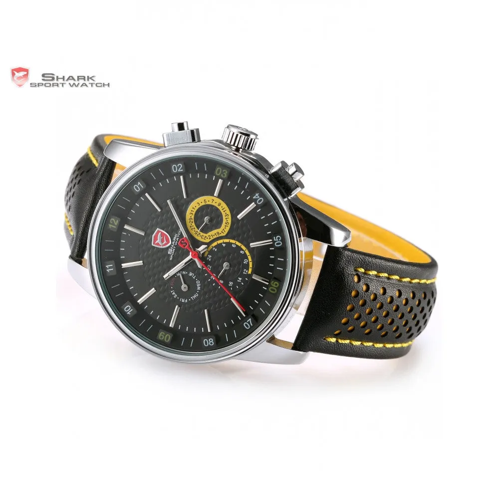 New SHARK Sport Watch 6 Hands Date Day Display Stainless Steel Black Yellow Genuine Leather Strap Analog Men's Relogio