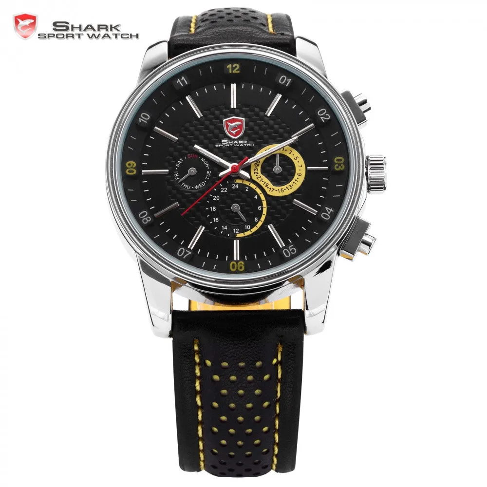 New SHARK Sport Watch 6 Hands Date Day Display Stainless Steel Black Yellow Genuine Leather Strap Analog Men's Relogio