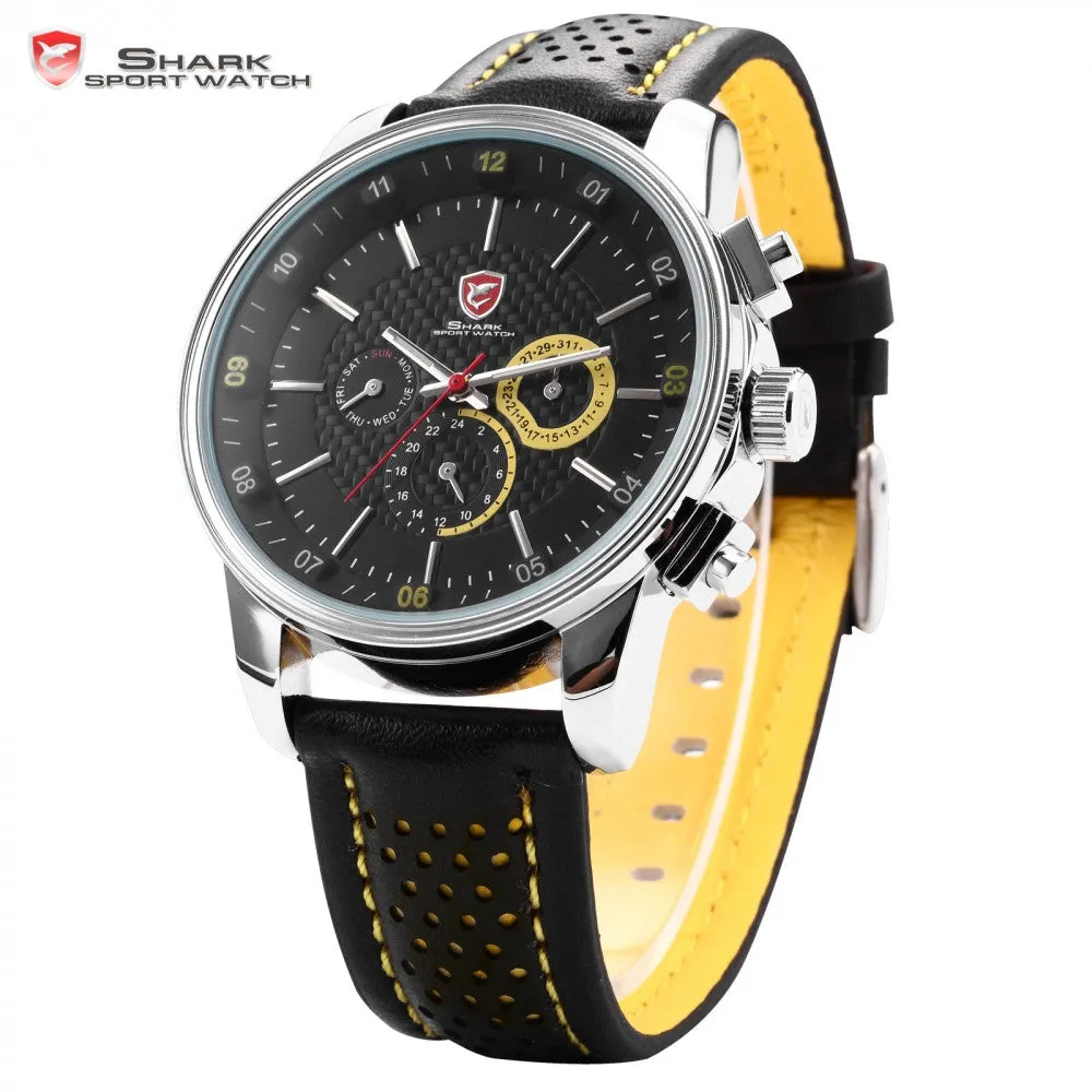 New SHARK Sport Watch 6 Hands Date Day Display Stainless Steel Black Yellow Genuine Leather Strap Analog Men's Relogio