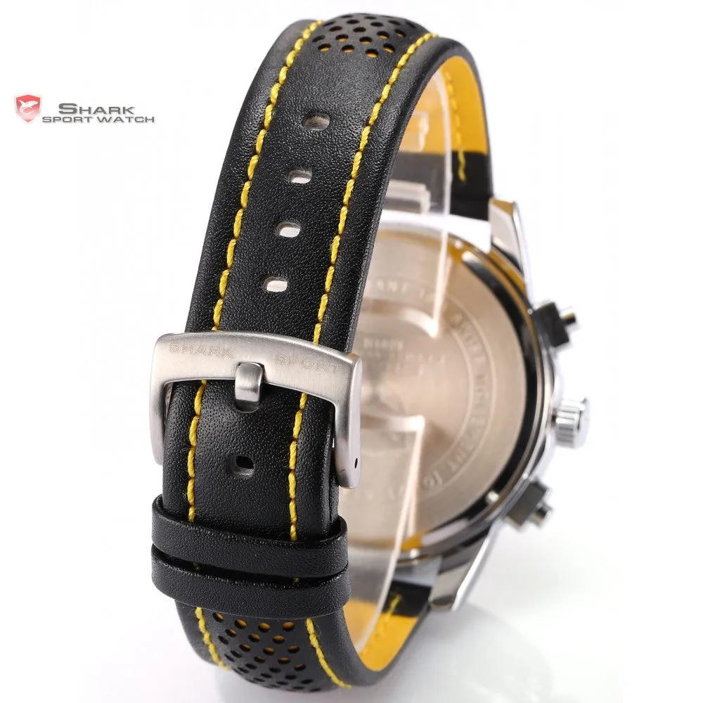 New SHARK Sport Watch 6 Hands Date Day Display Stainless Steel Black Yellow Genuine Leather Strap Analog Men's Relogio