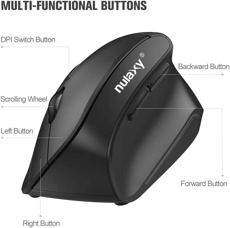 Nulaxy Ergonomic Mouse, 2.4G Wireless Vertical Mouse with 3 Adjustable DPI(800 / 1200 /1600), Wireless Ergonomic Optical Mouse with 6 Buttons for Computer, Laptop, PC, Ipad, Desktop, Macbook Black