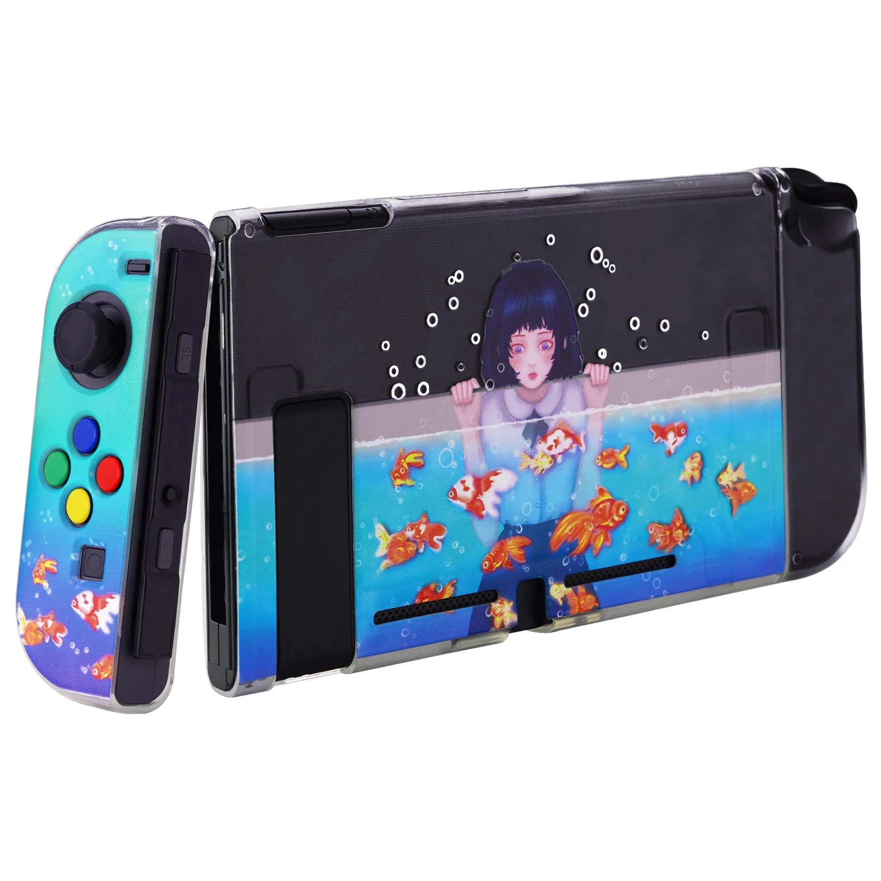 PlayVital Aquarium Girl Protective Case for NS, Soft TPU Slim Case Cover for NS Joycon Console with Colorful ABXY Direction Button Caps - NTU6029