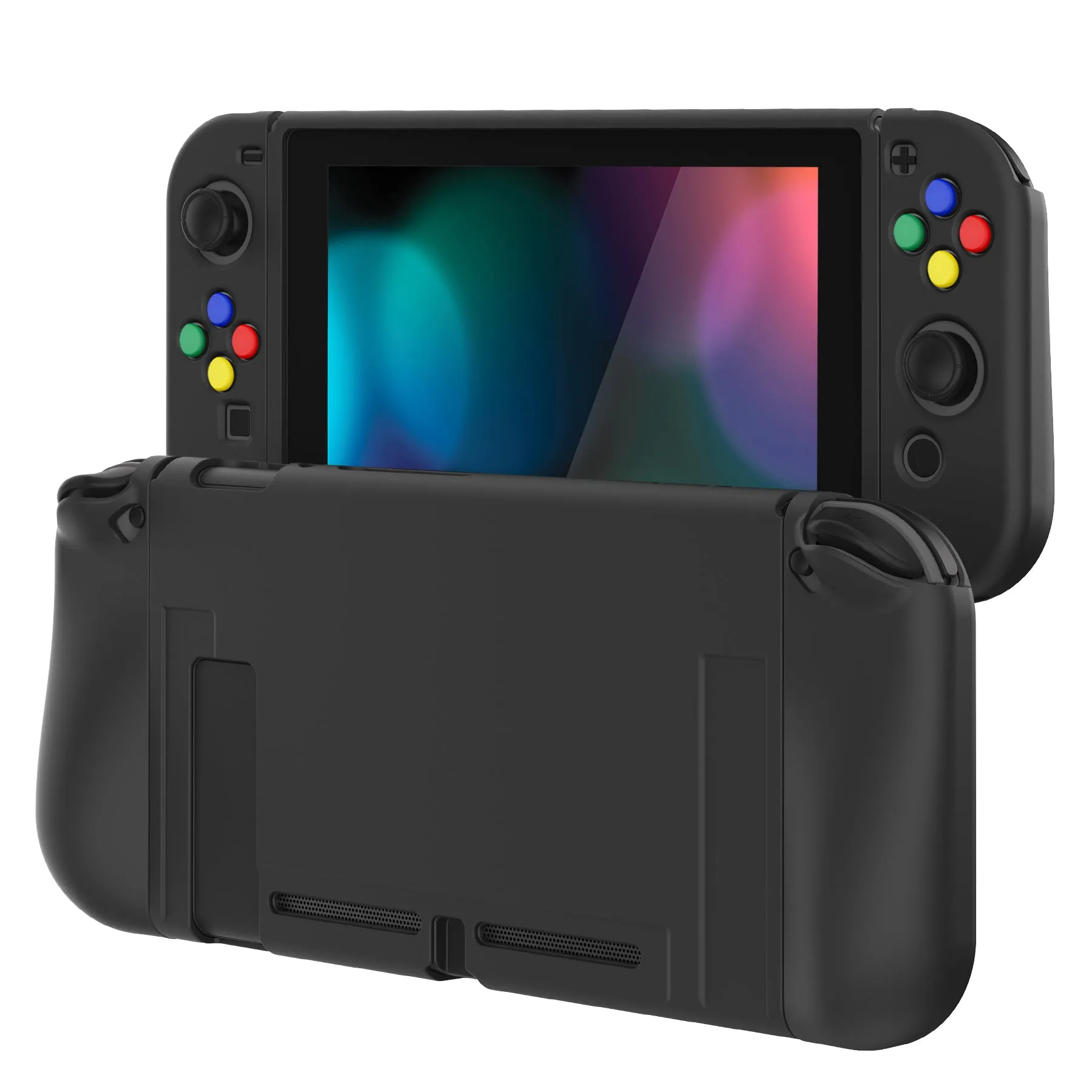 PlayVital Black Protective Case for NS Switch, Soft TPU Slim Case Cover for NS Switch Joy-Con Console with Colorful ABXY Direction Button Caps - NTU6006G2