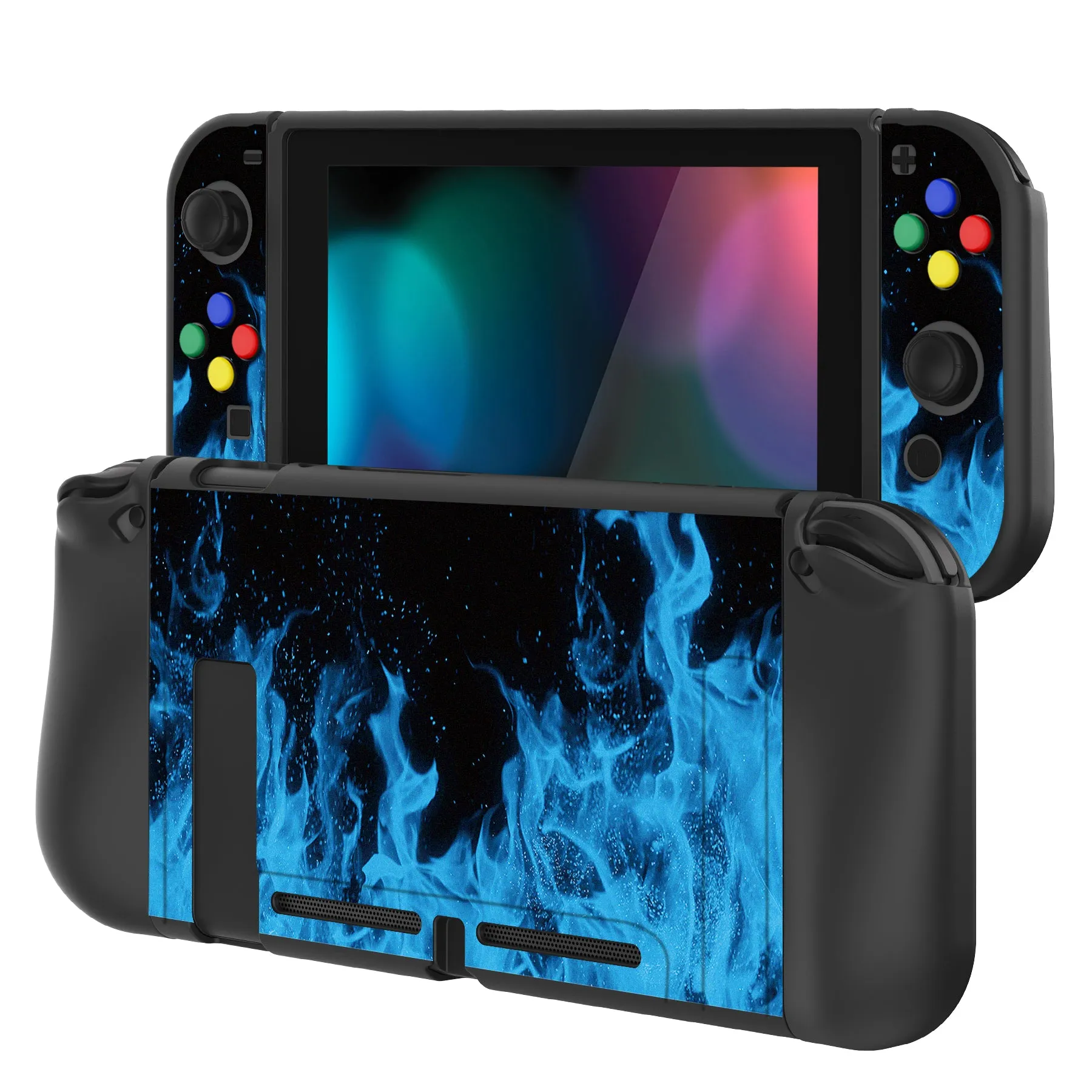 PlayVital Blue Flame Protective Case for NS Switch, Soft TPU Slim Case Cover for NS Switch Joy-Con Console with Colorful ABXY Direction Button Caps - NTU6012G2