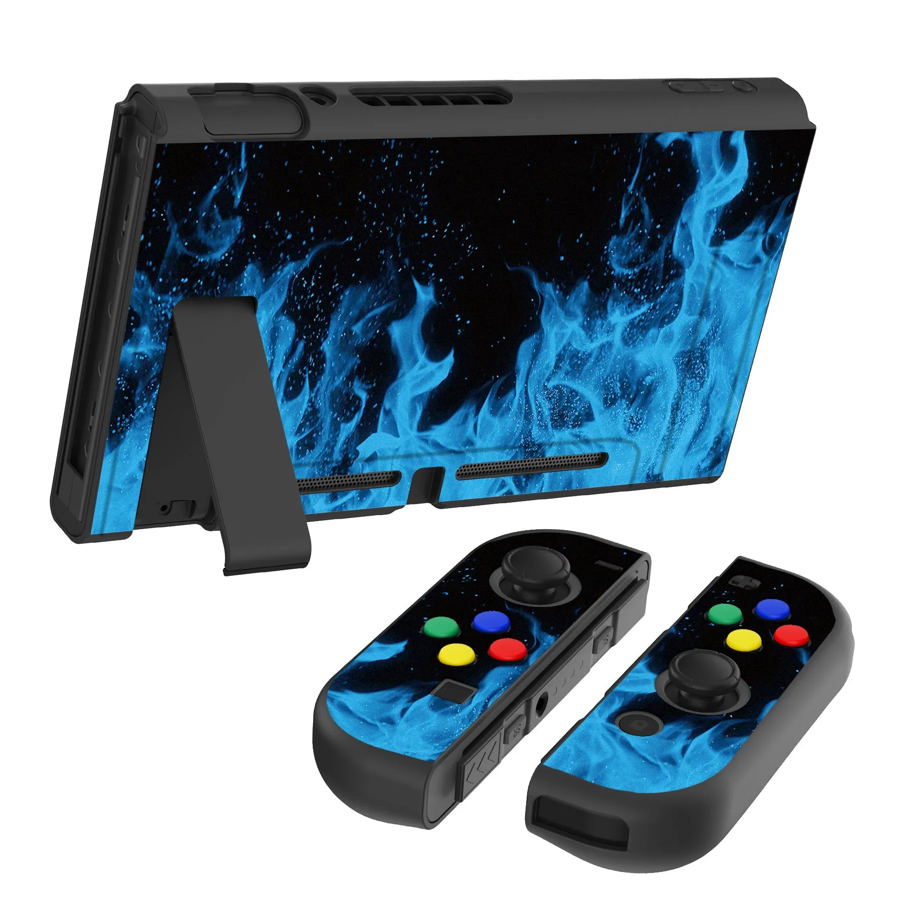 PlayVital Blue Flame Protective Case for NS Switch, Soft TPU Slim Case Cover for NS Switch Joy-Con Console with Colorful ABXY Direction Button Caps - NTU6012G2