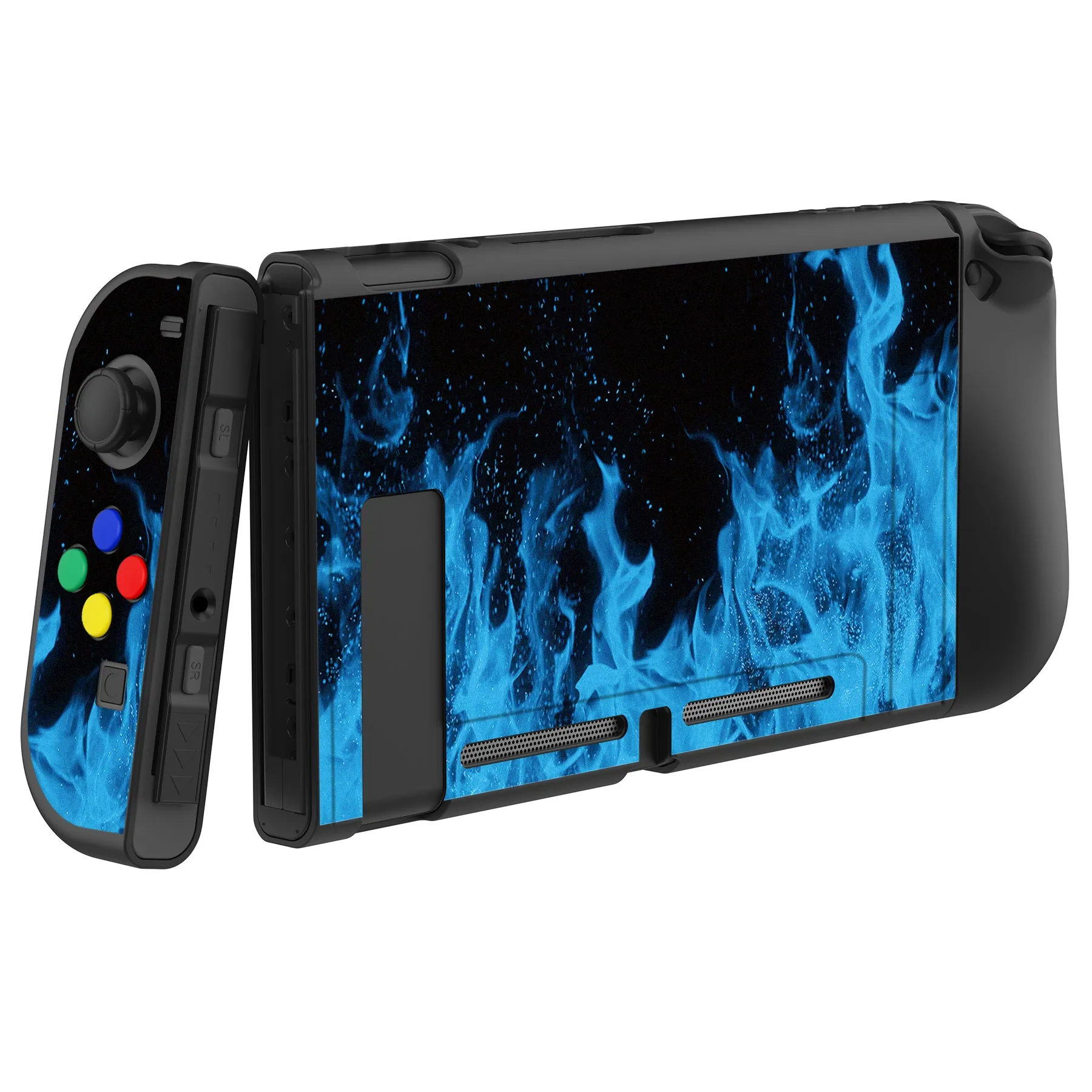 PlayVital Blue Flame Protective Case for NS Switch, Soft TPU Slim Case Cover for NS Switch Joy-Con Console with Colorful ABXY Direction Button Caps - NTU6012G2