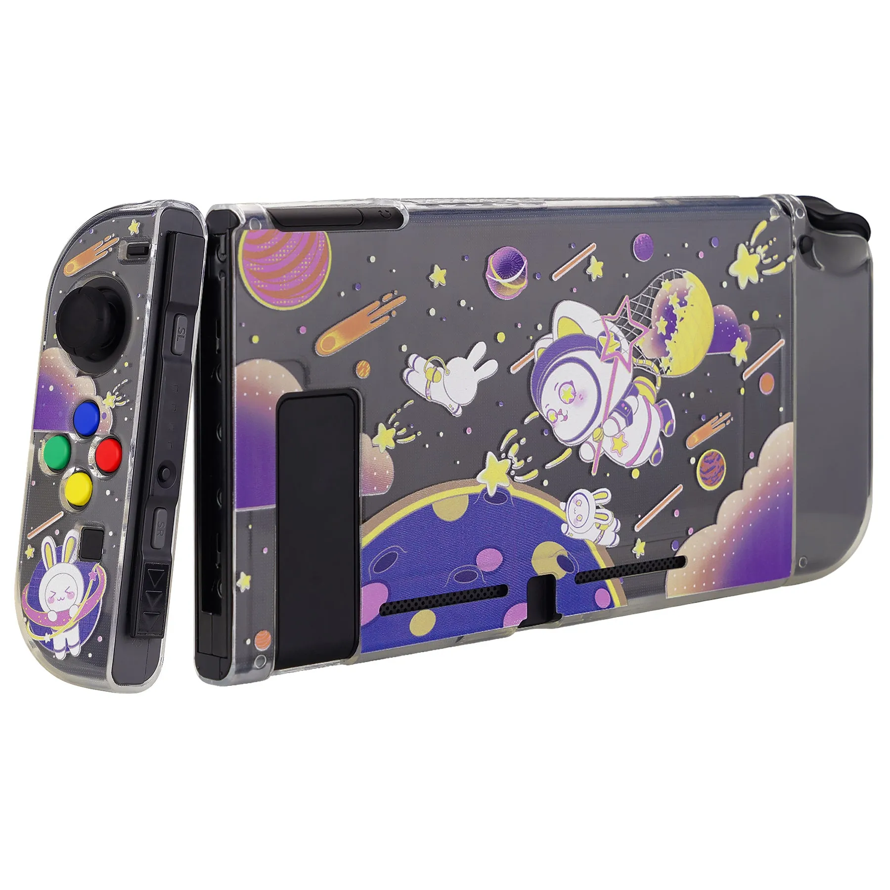 PlayVital Space Cat Protective Case for NS, Soft TPU Slim Case Cover for NS Joycon Console with Colorful ABXY Direction Button Caps - NTU6031