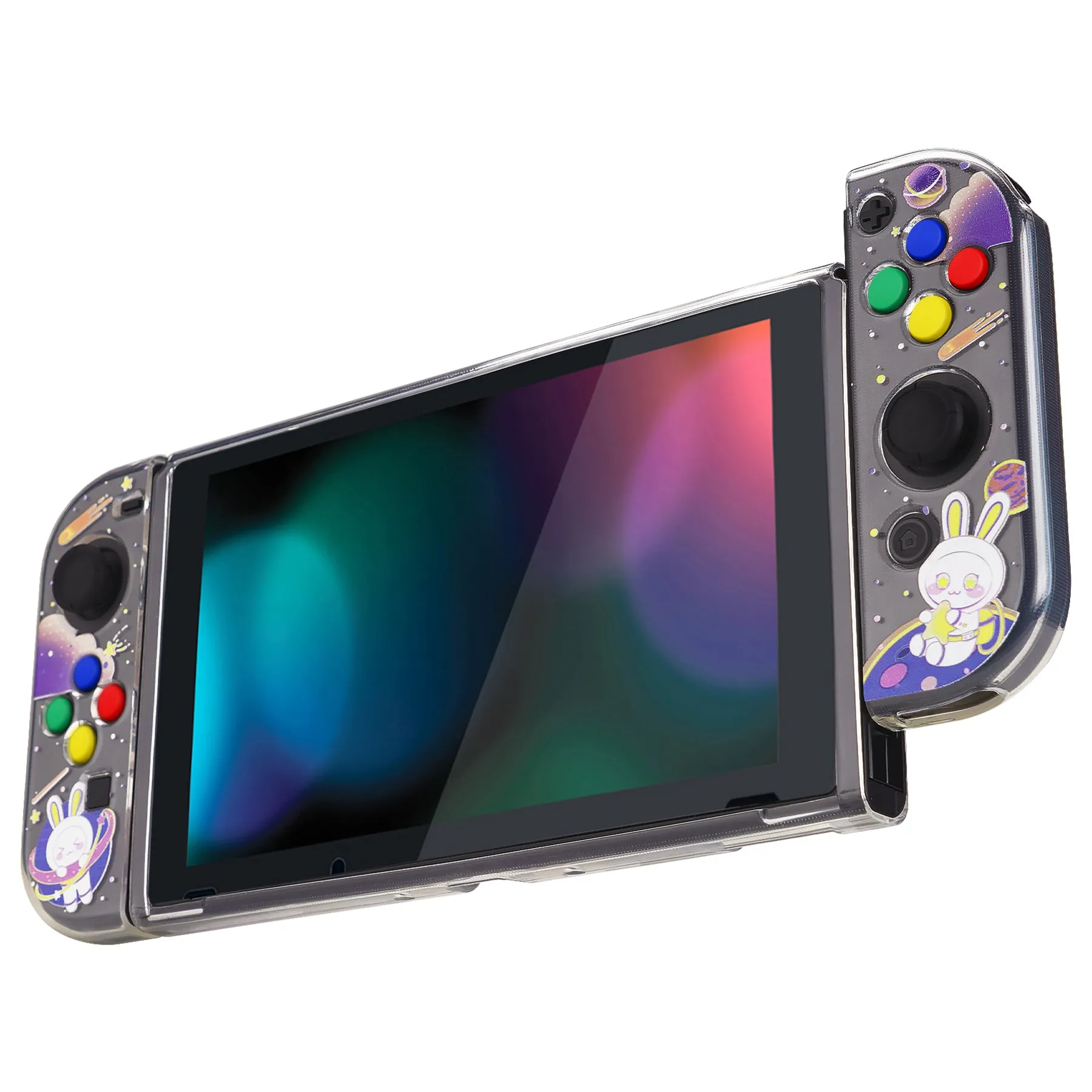 PlayVital Space Cat Protective Case for NS, Soft TPU Slim Case Cover for NS Joycon Console with Colorful ABXY Direction Button Caps - NTU6031