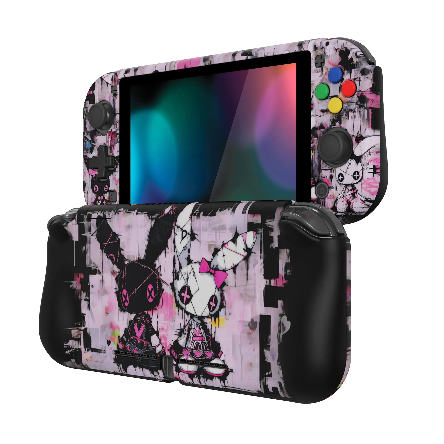 PlayVital ZealProtect Protective Case for Nintendo Switch Lite, Hard Shell Ergonomic Grip Cover for Switch Lite w/Screen Protector & Thumb Grip Caps & Button Caps - Lovely Punky Bunny - PSLYR012