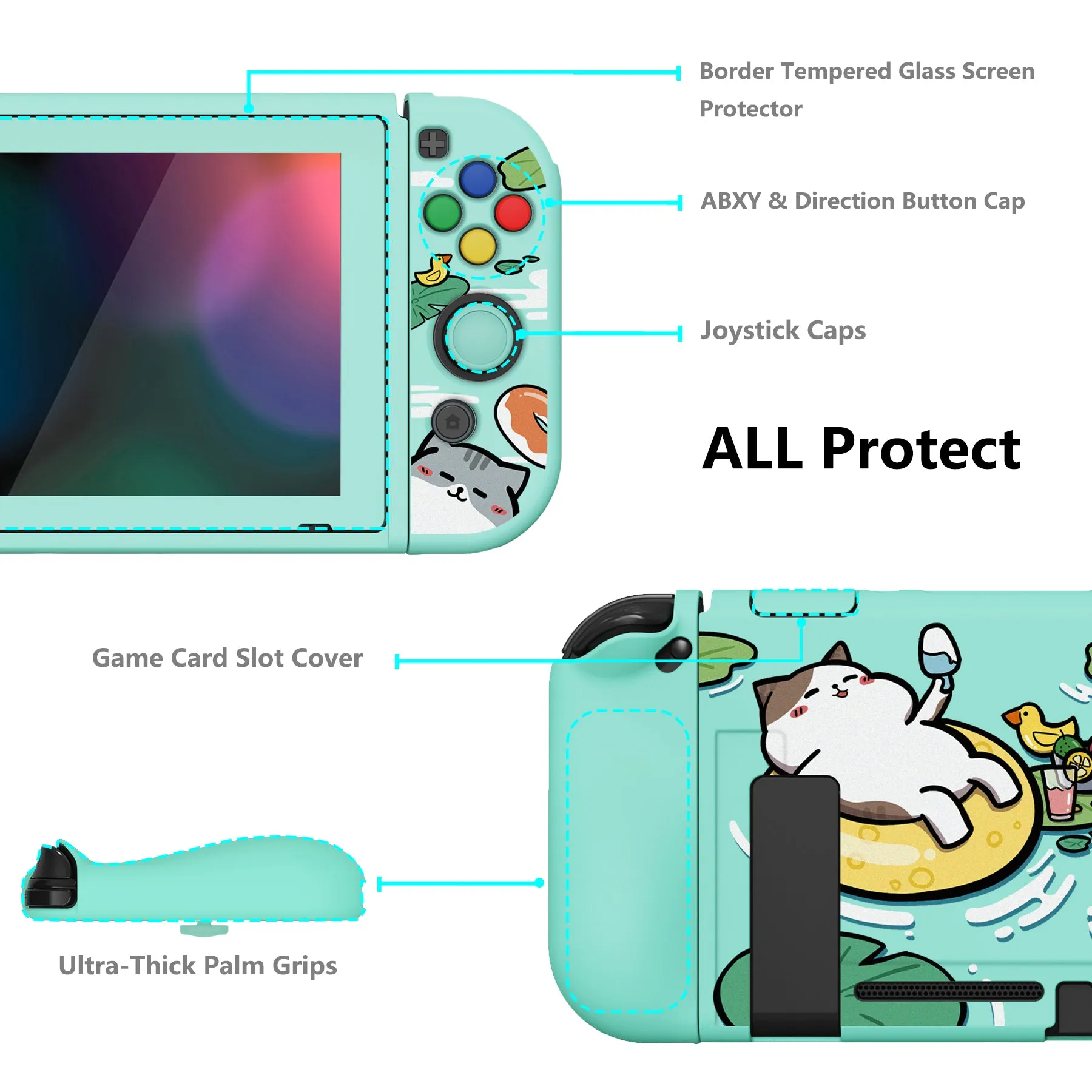 PlayVital ZealProtect Soft Protective Case for Nintendo Switch, Flexible Cover Protector for Nintendo Switch with Tempered Glass Screen Protector & Thumb Grip Caps & ABXY Direction Button Caps - Pool Party Kitten - RNSYV6014