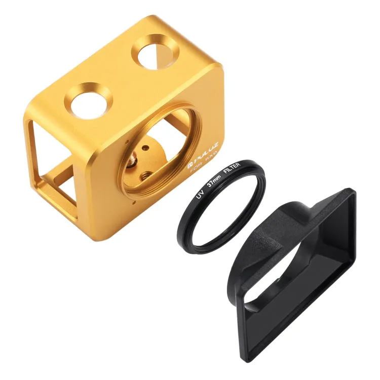 PULUZ for Sony RX0 Aluminum Alloy Protective Cage   37mm UV Filter Lens   Lens Sunshade with Screws and Screwdrivers(Gold)