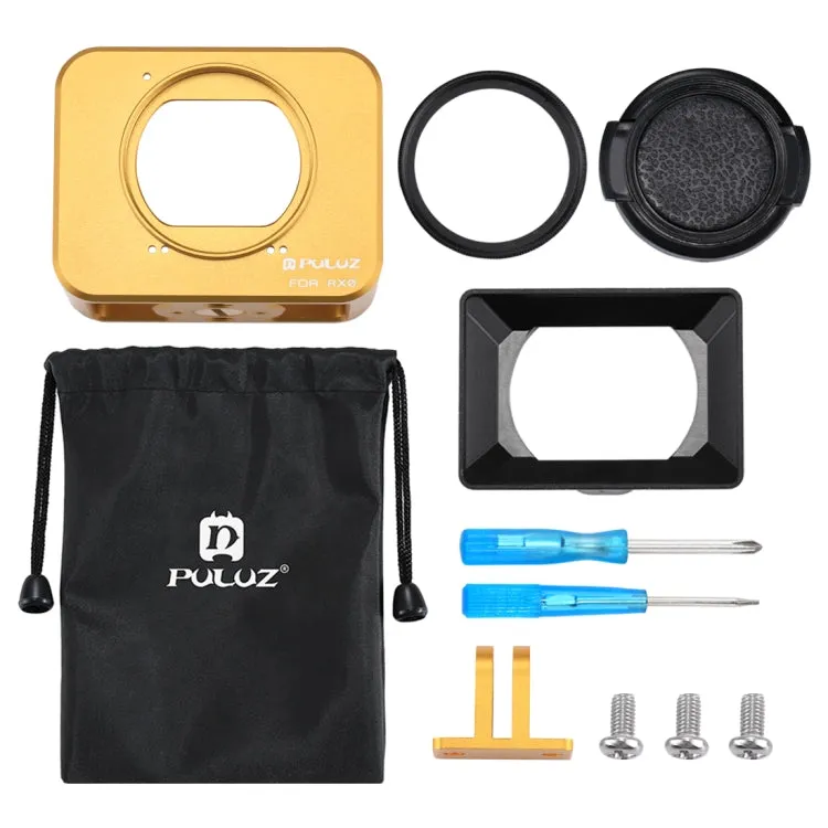 PULUZ for Sony RX0 Aluminum Alloy Protective Cage   37mm UV Filter Lens   Lens Sunshade with Screws and Screwdrivers(Gold)