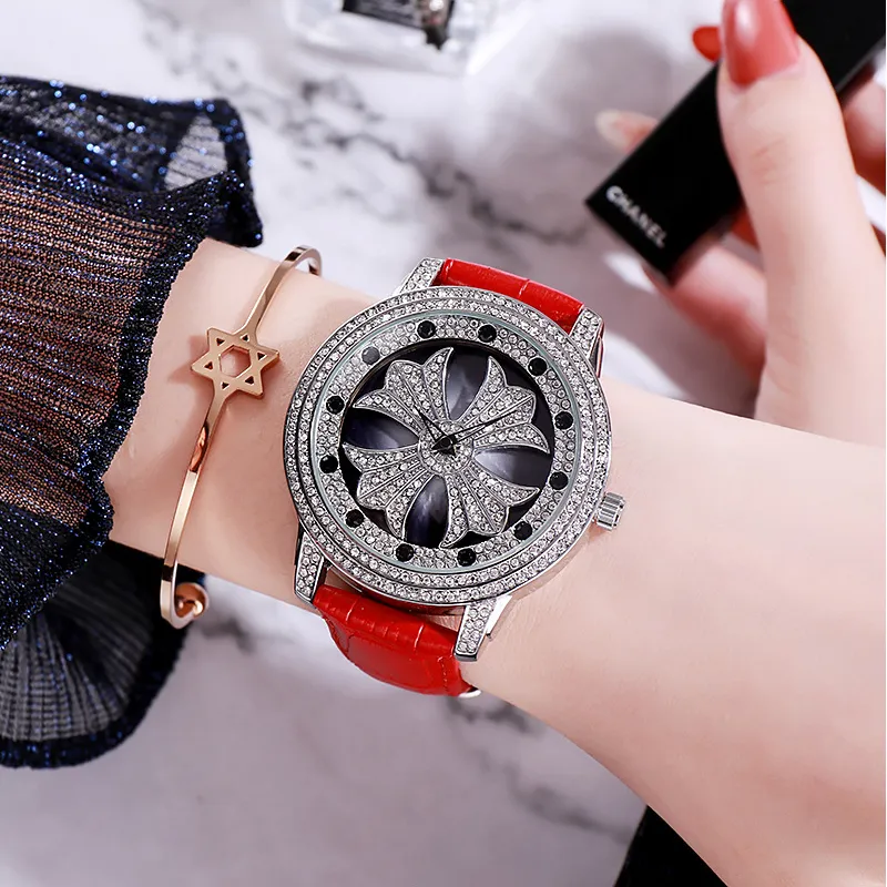 Rotatable Dial Leather Strap Women's Watch