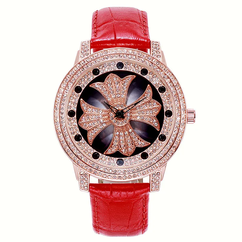 Rotatable Dial Leather Strap Women's Watch