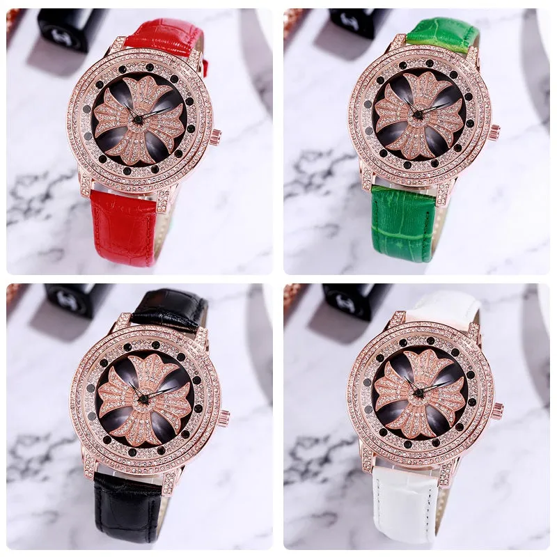 Rotatable Dial Leather Strap Women's Watch