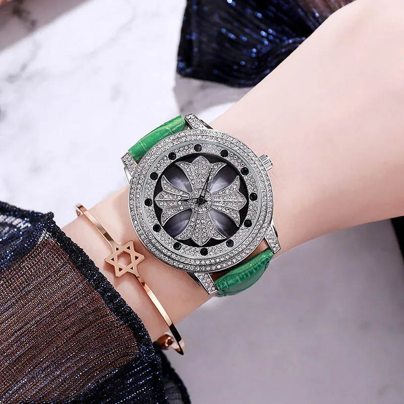 Rotatable Dial Leather Strap Women's Watch