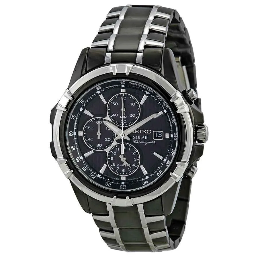 Seiko Essentials SSC143 Black Dial Solar Alarm Chronograph 10 ATM Water Resistant 42.5mm Men's Watch