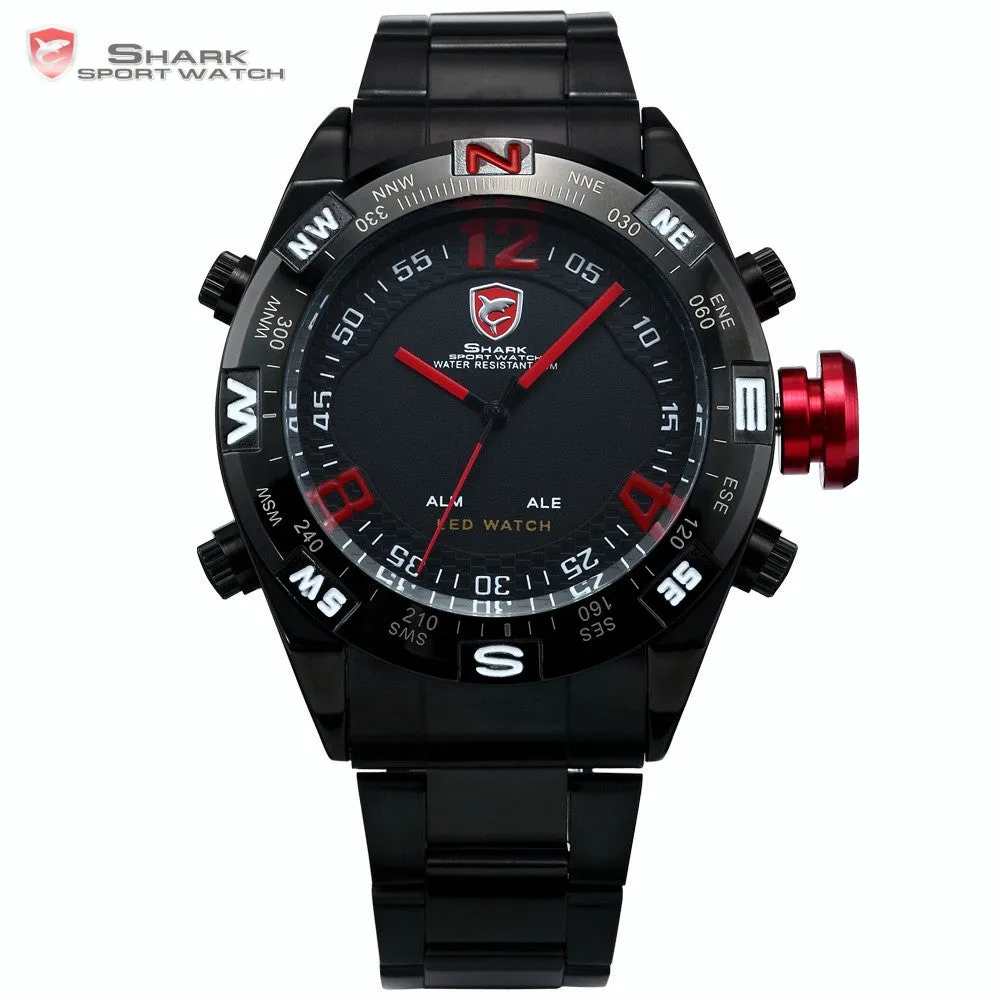 SHARK Sport Watch Black Stainless Steel Metal Band Strap Digital LED Date Alarm Red Montre Analog Quartz Men Military Gift