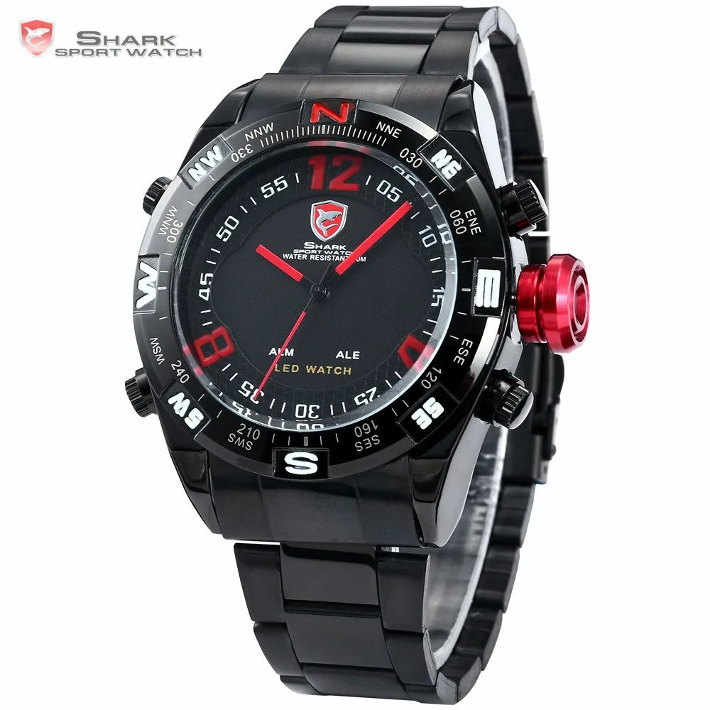 SHARK Sport Watch Black Stainless Steel Metal Band Strap Digital LED Date Alarm Red Montre Analog Quartz Men Military Gift