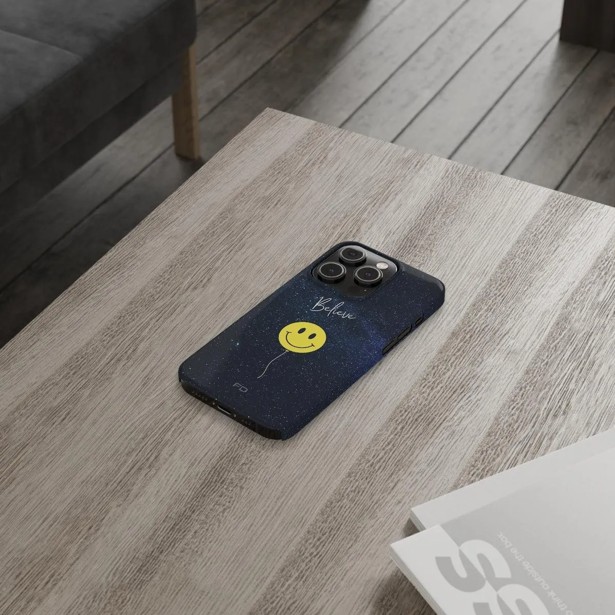 Smiley Face in Space Believe Slim Case for iPhone 14 Series