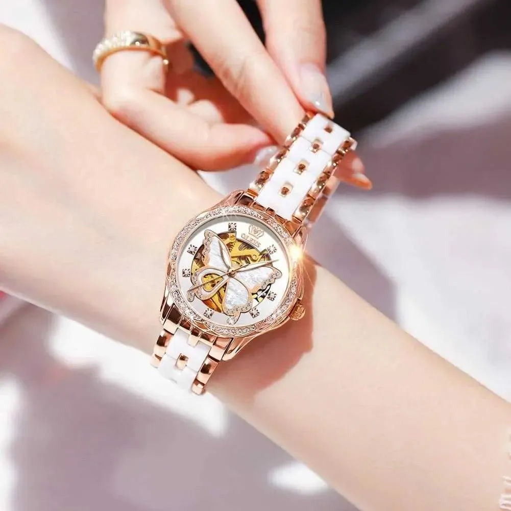 Sophisticated Women's Automatic Watch with Stunning Butterfly Dial - Luxe Stainless Steel Timepiece