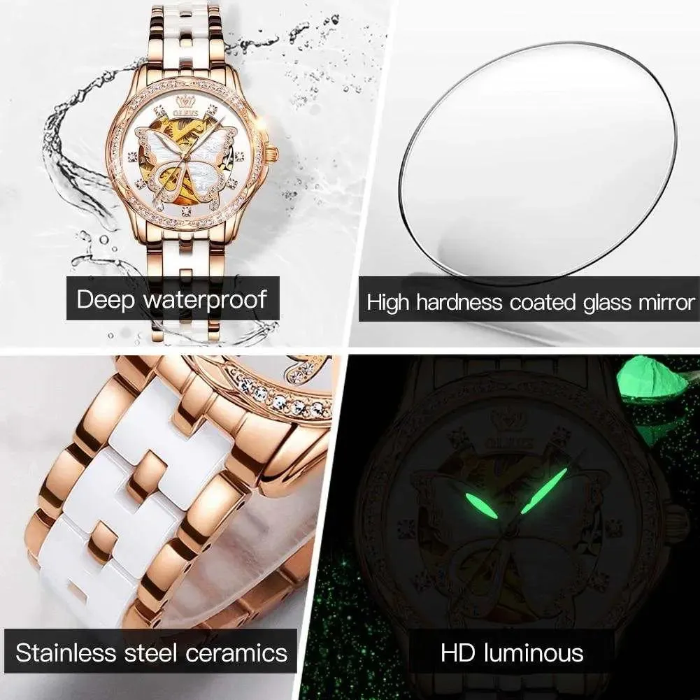 Sophisticated Women's Automatic Watch with Stunning Butterfly Dial - Luxe Stainless Steel Timepiece