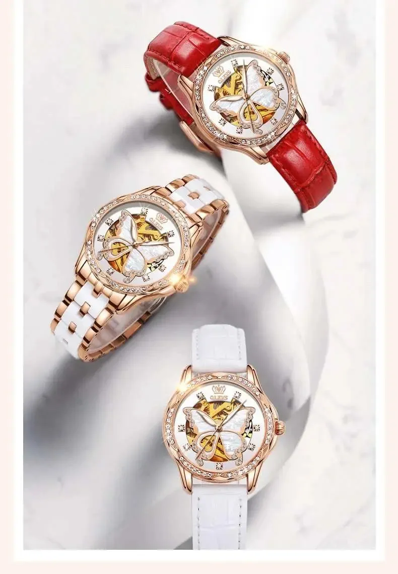 Sophisticated Women's Automatic Watch with Stunning Butterfly Dial - Luxe Stainless Steel Timepiece