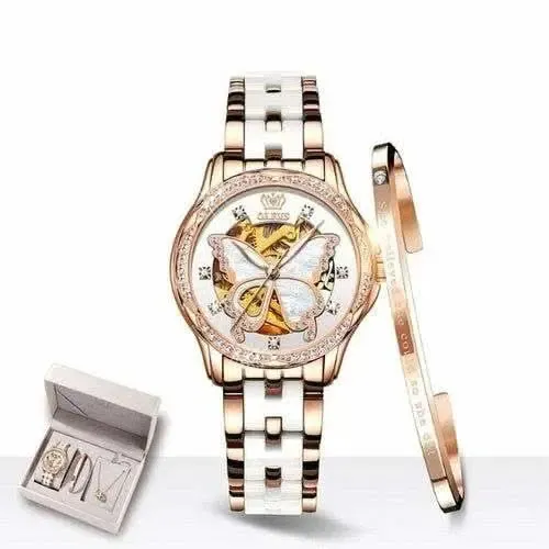 Sophisticated Women's Automatic Watch with Stunning Butterfly Dial - Luxe Stainless Steel Timepiece