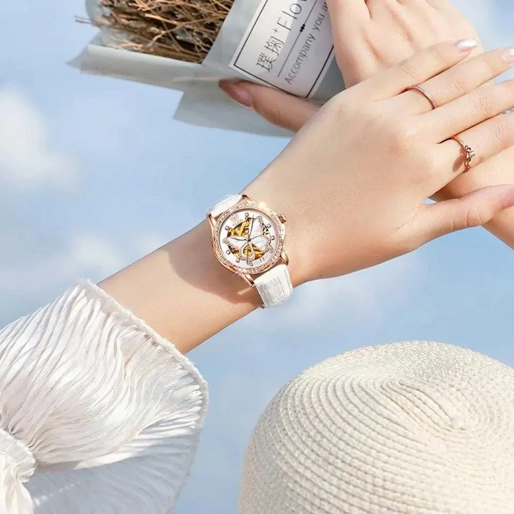 Sophisticated Women's Automatic Watch with Stunning Butterfly Dial - Luxe Stainless Steel Timepiece