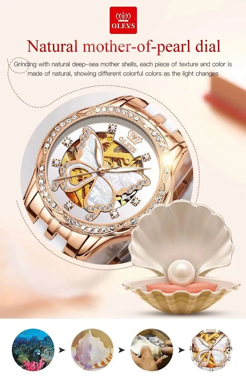 Sophisticated Women's Automatic Watch with Stunning Butterfly Dial - Luxe Stainless Steel Timepiece