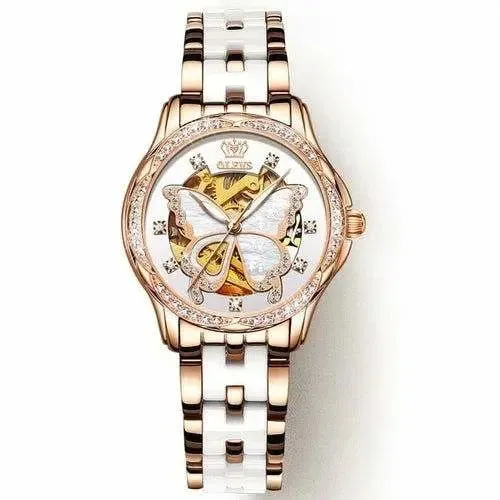 Sophisticated Women's Automatic Watch with Stunning Butterfly Dial - Luxe Stainless Steel Timepiece