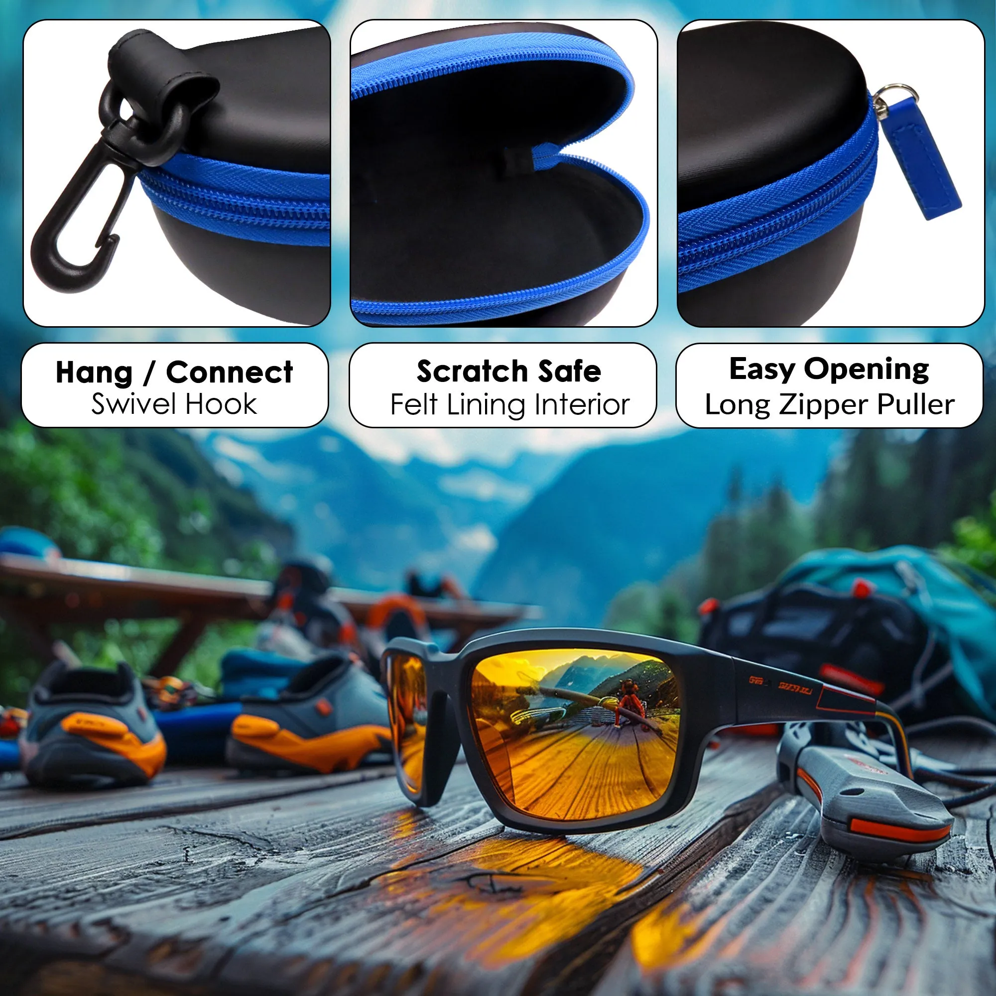 Sport Sunglasses Case - Large Eyeglass Case - Semi Hard Glasses Case with Zipper & carabiner hook with Pouch  (B15HC BLUE)