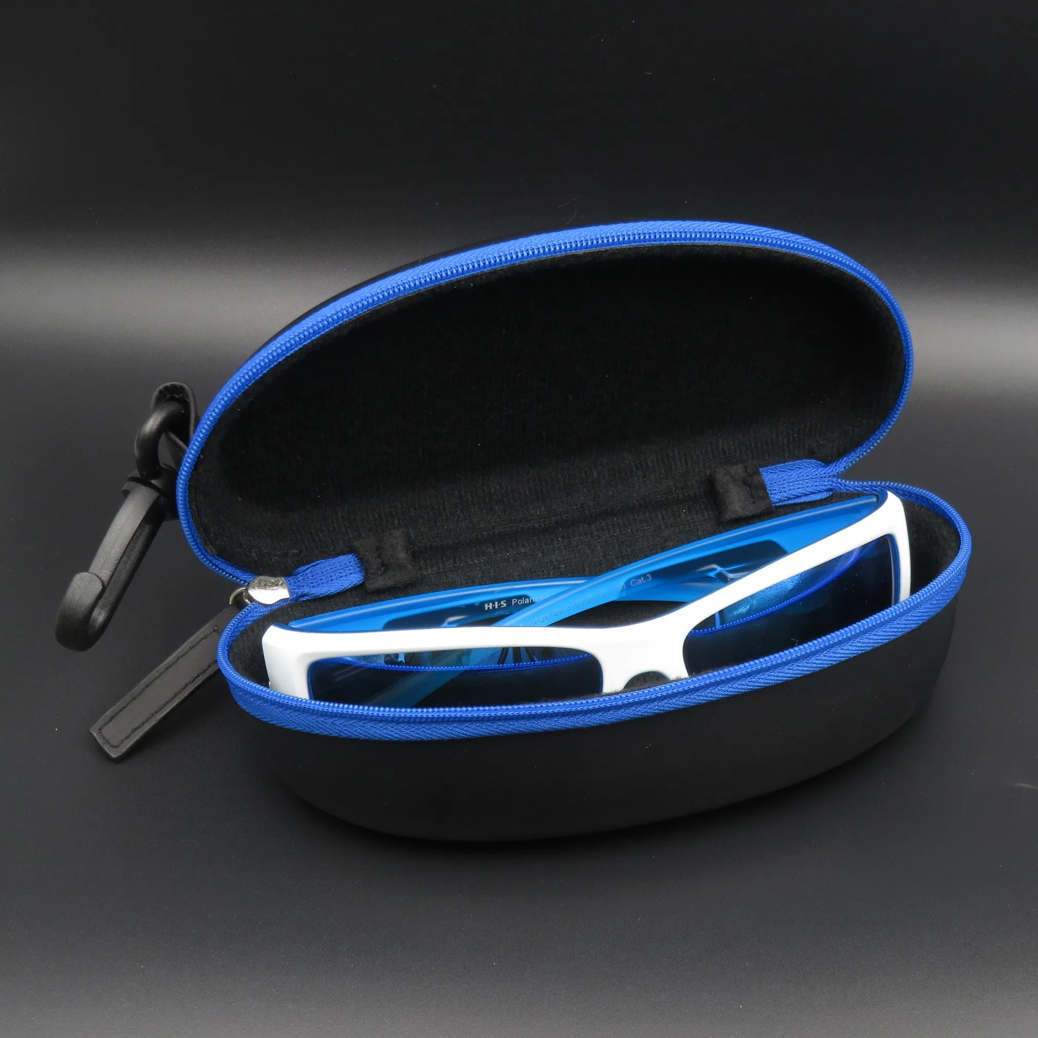 Sport Sunglasses Case - Large Eyeglass Case - Semi Hard Glasses Case with Zipper & carabiner hook with Pouch  (B15HC BLUE)