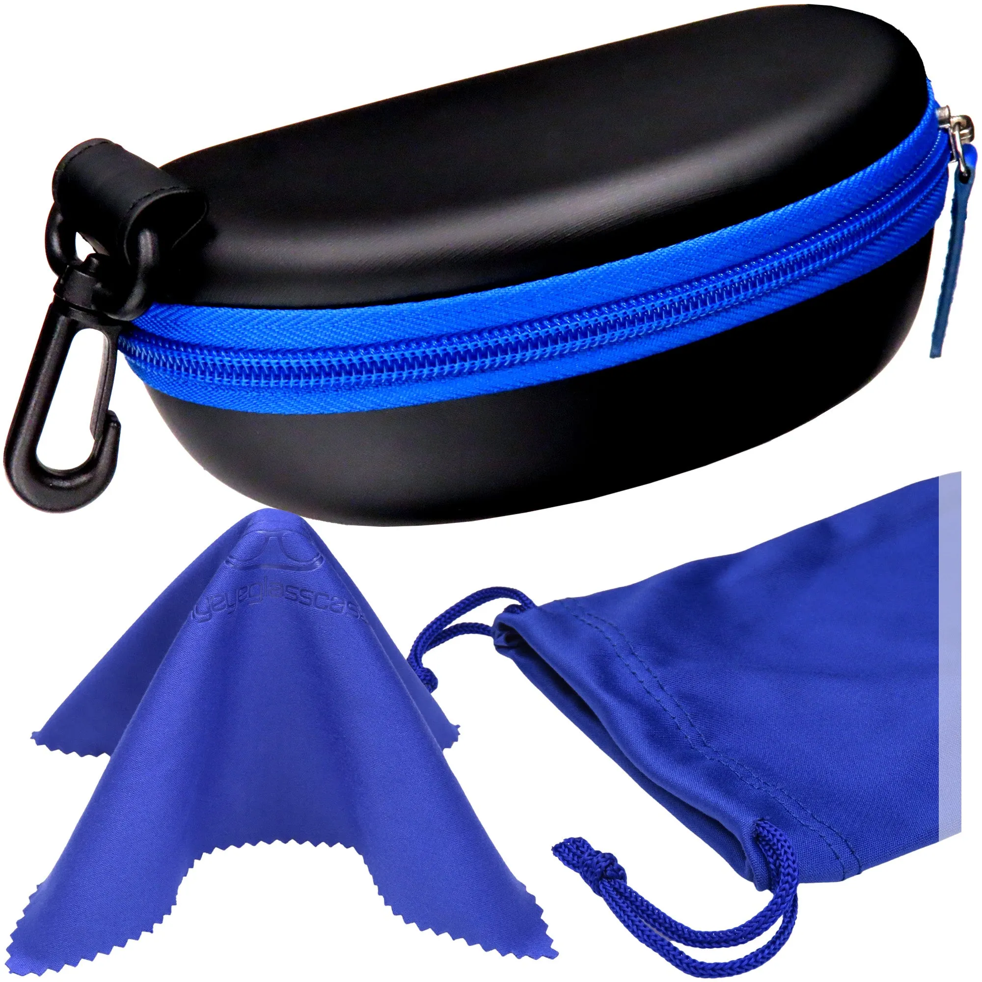 Sport Sunglasses Case - Large Eyeglass Case - Semi Hard Glasses Case with Zipper & carabiner hook with Pouch  (B15HC BLUE)