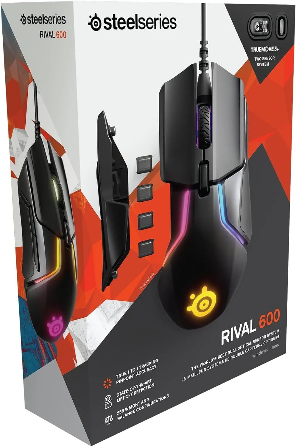 SteelSeries Rival 600 Gaming Mouse, 12,000 CPI TrueMove3  Dual Optical Sensor, Adjustable Weight System, Black