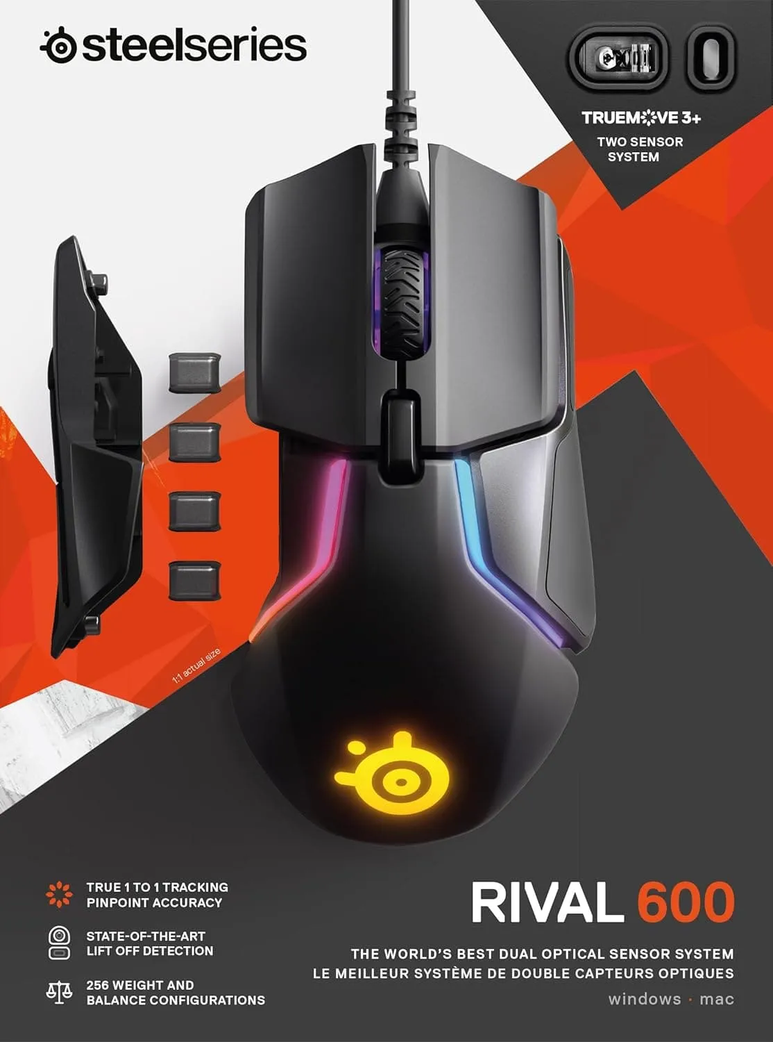 SteelSeries Rival 600 Gaming Mouse, 12,000 CPI TrueMove3  Dual Optical Sensor, Adjustable Weight System, Black