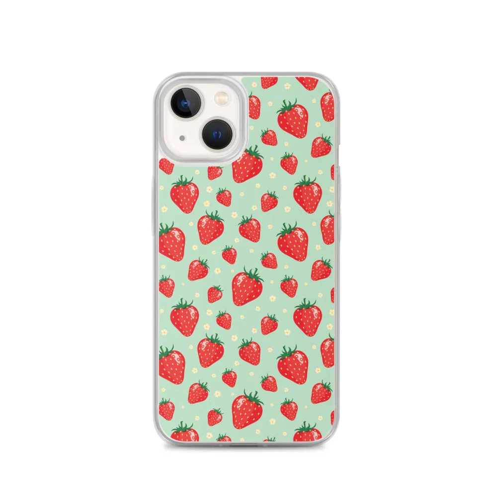 Strawberry iPhone 15 14 13 Pro Max Case, Red Fruit Green Cute Art Flower Print Aesthetic iPhone 12 11 Mini SE XS Max XR X 7 8 Phone