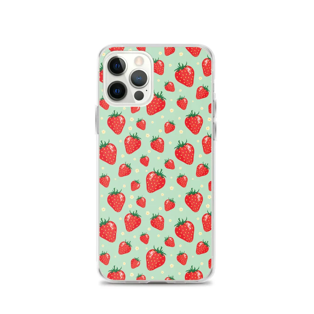 Strawberry iPhone 15 14 13 Pro Max Case, Red Fruit Green Cute Art Flower Print Aesthetic iPhone 12 11 Mini SE XS Max XR X 7 8 Phone