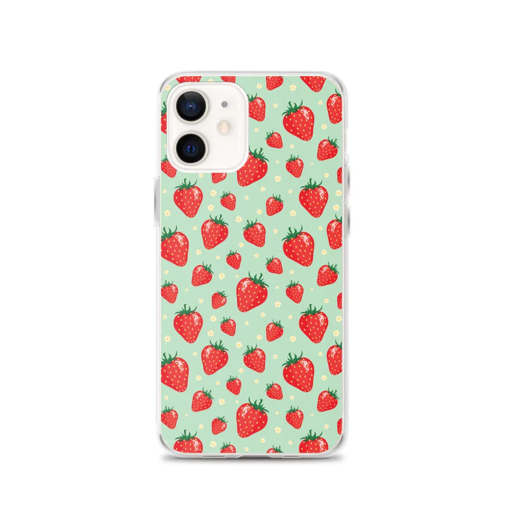 Strawberry iPhone 15 14 13 Pro Max Case, Red Fruit Green Cute Art Flower Print Aesthetic iPhone 12 11 Mini SE XS Max XR X 7 8 Phone