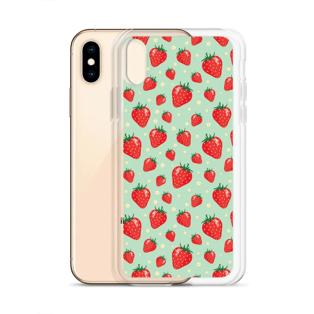 Strawberry iPhone 15 14 13 Pro Max Case, Red Fruit Green Cute Art Flower Print Aesthetic iPhone 12 11 Mini SE XS Max XR X 7 8 Phone