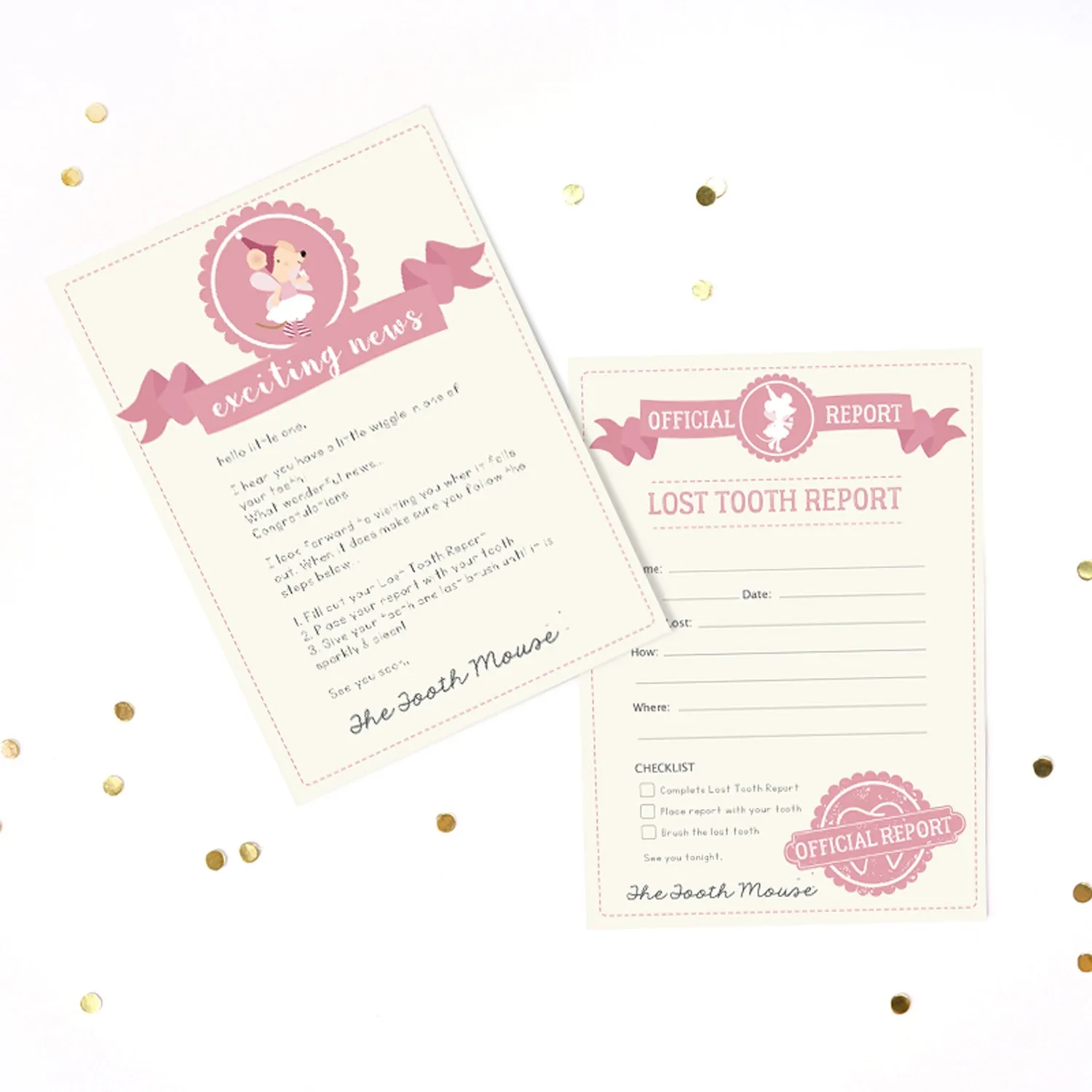 Tooth Mouse Full Set Girls | Official Certificate, Customer Receipt, Door Hanger, Visitor Poster, Letter, Tooth Report, Lost tooth chart