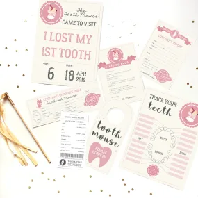 Tooth Mouse Full Set Girls | Official Certificate, Customer Receipt, Door Hanger, Visitor Poster, Letter, Tooth Report, Lost tooth chart