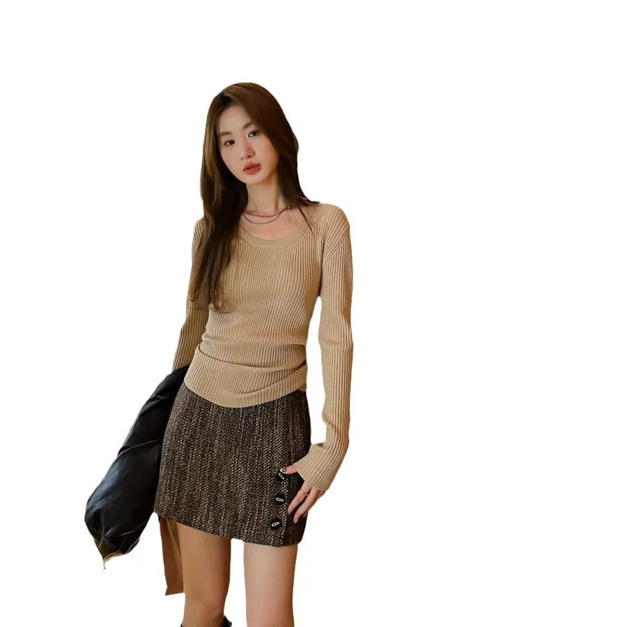 Wenkouban Autumn and Winter Solid Color round Neck Slim-Fit Velvet Sweater Sweater for Women