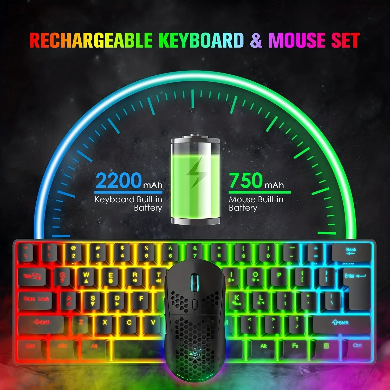 Wireless Gaming Keyboard And Mouse Combo, 2200mAh Mini 61 Keys