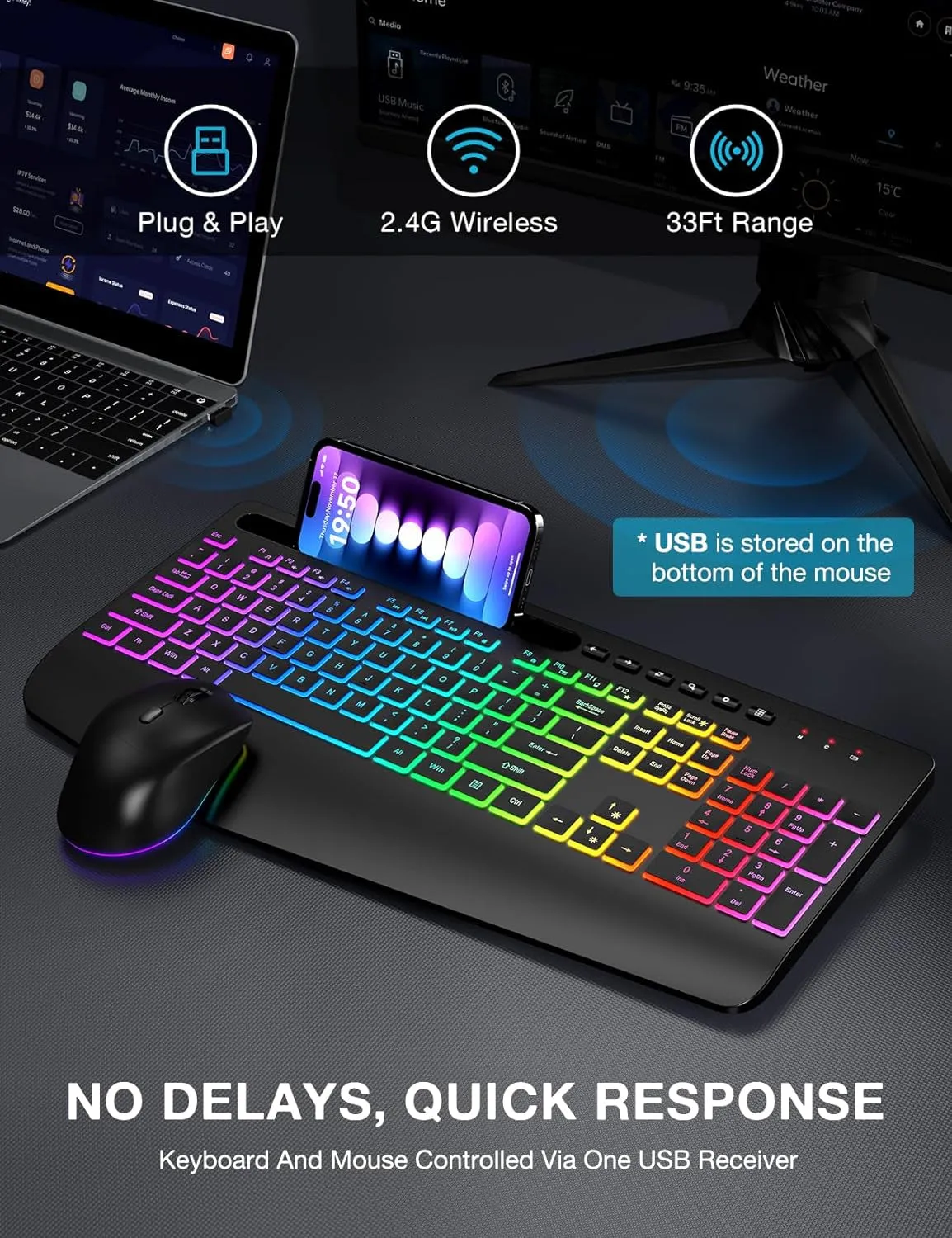 Wireless Keyboard and Mouse Combo, 9 Backlit Effects, Wrist Rest, Phone Holder, 2.4G Lag-Free Ergonomic Keyboards, Rechargeable Silent Cordless Set for Computer, Laptop, PC, Mac, Windows -SABLUTE