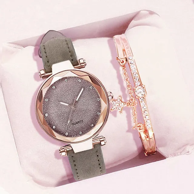 Women Romantic Wrist Watch bracelet Leather Rhinestone Ladies Clock