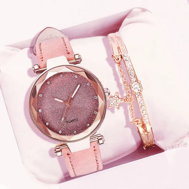 Women Romantic Wrist Watch bracelet Leather Rhinestone Ladies Clock