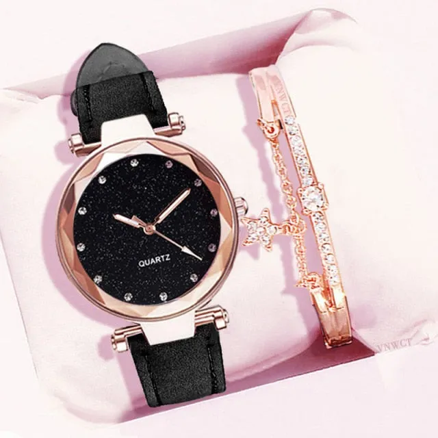 Women Romantic Wrist Watch bracelet Leather Rhinestone Ladies Clock